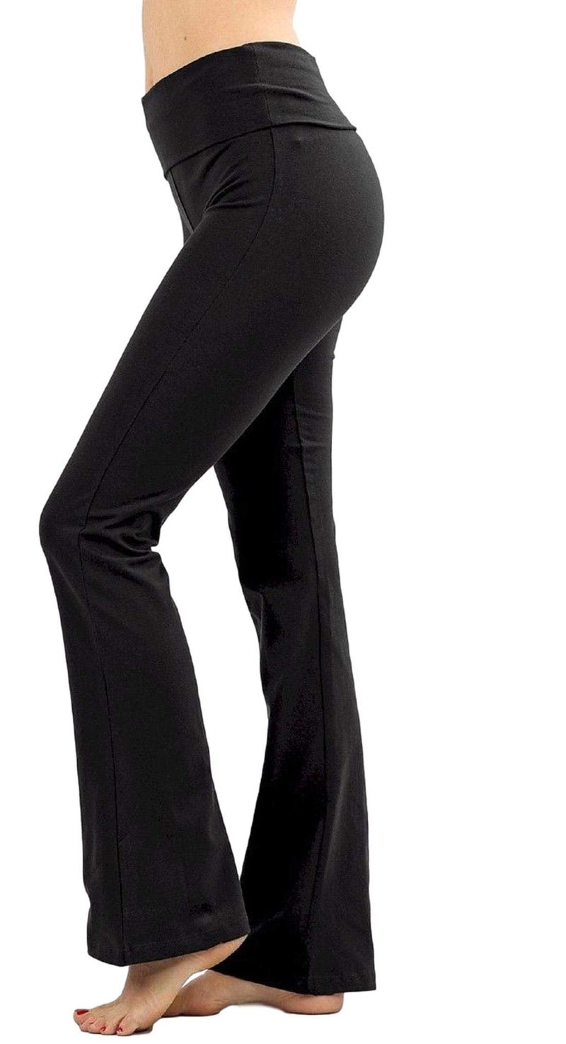Zenana Premium Cotton FOLD Over Yoga Flare Pants, Black, Medium - Image 1